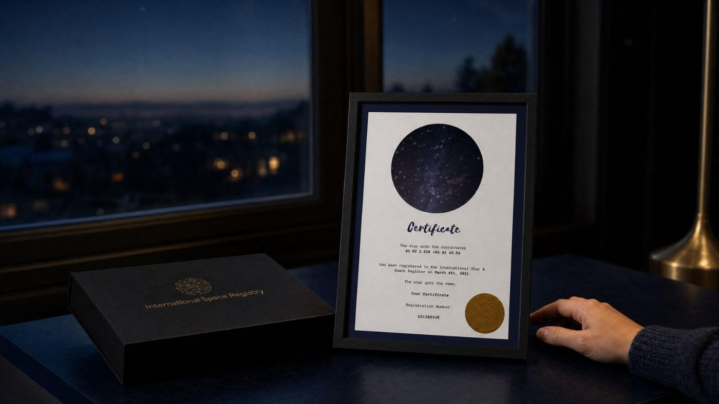 Star-Naming.com certificate and gift box representing adopting and naming a star