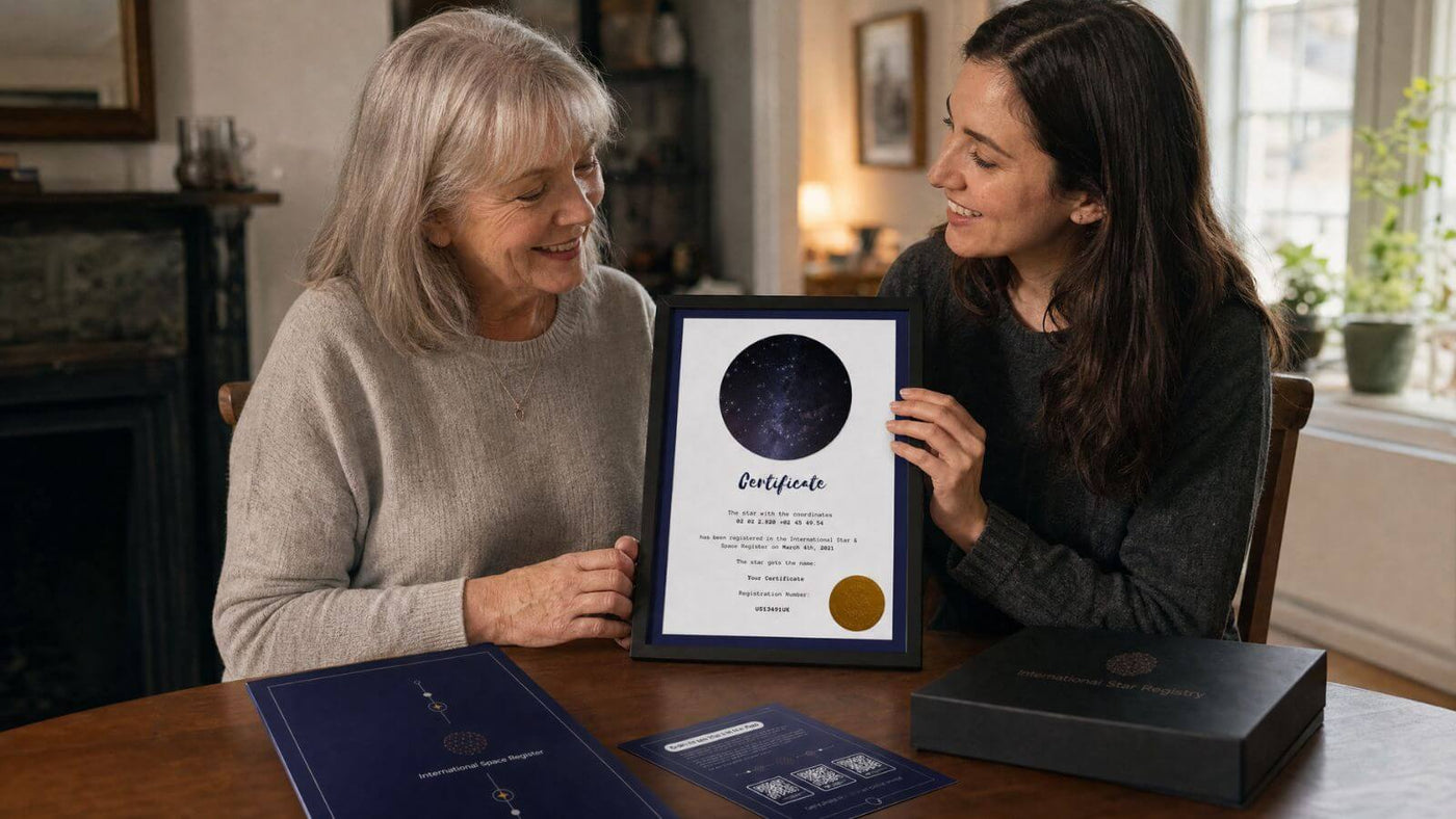 Grandmother receiving a personalized Star-Naming certificate from her adult granddaughter