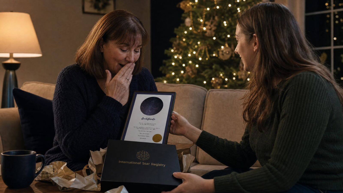 Mother receiving a personalized Star-Naming gift from her daughter on Christmas Eve