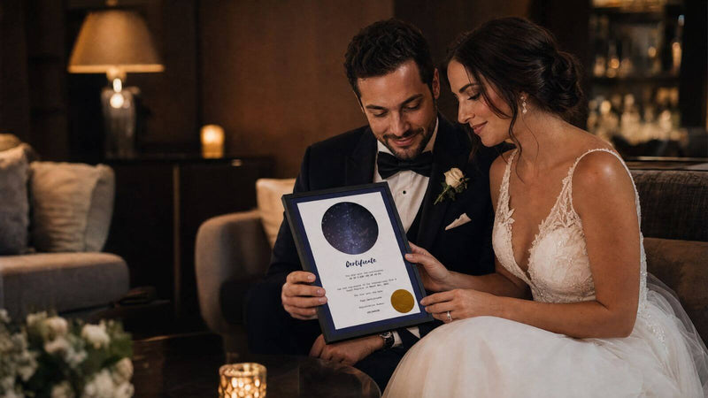 Newlywed couple opening a personalized Star-Naming wedding gift after their reception