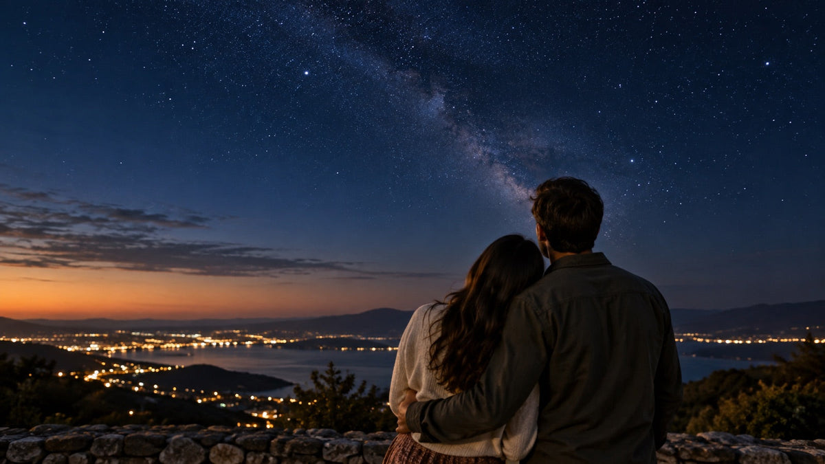Couple celebrating an anniversary beneath a starry night sky