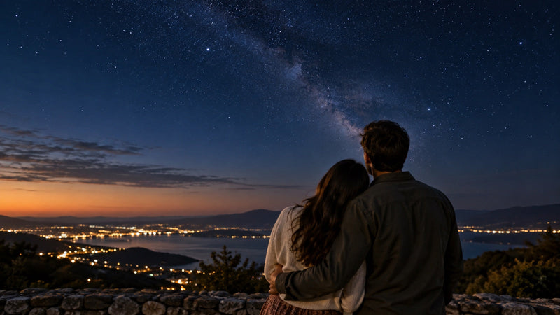 Couple celebrating an anniversary beneath a starry night sky