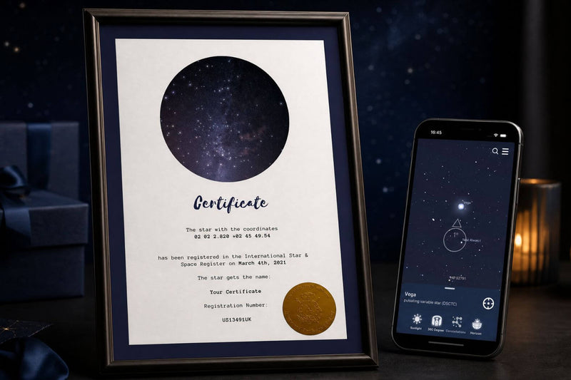Personalized Star-Naming certificate with registry number and Universe Star Finder App