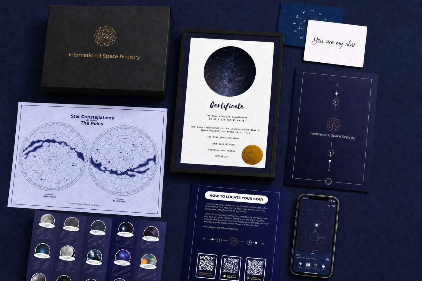 Star naming certificate, printed keepsake and Universe Star Finder App arranged as a personal gift.