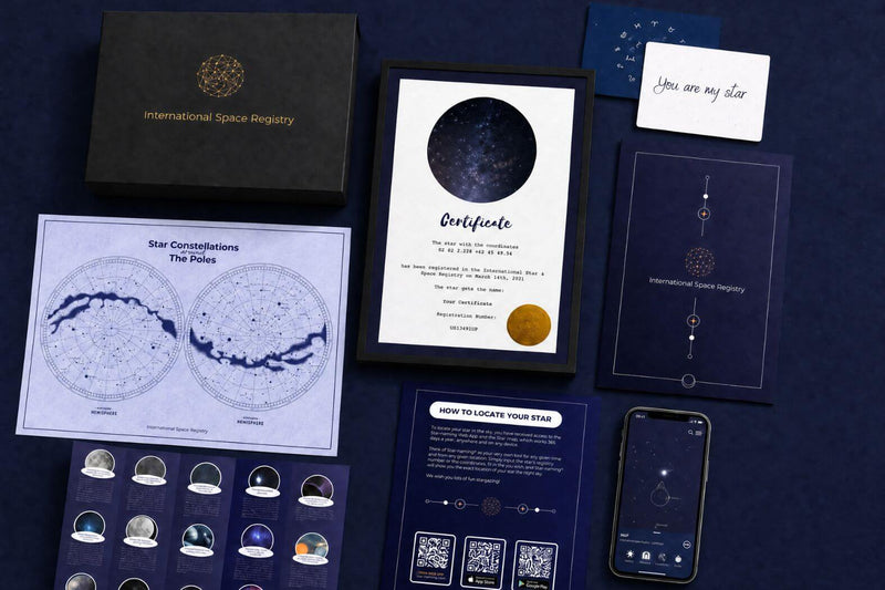 Star naming certificate, printed keepsake and Universe Star Finder App arranged as a personal gift.