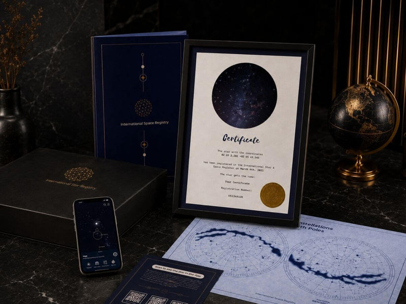 Personalized star naming certificate, gift folder and app preview on a dark desk..
