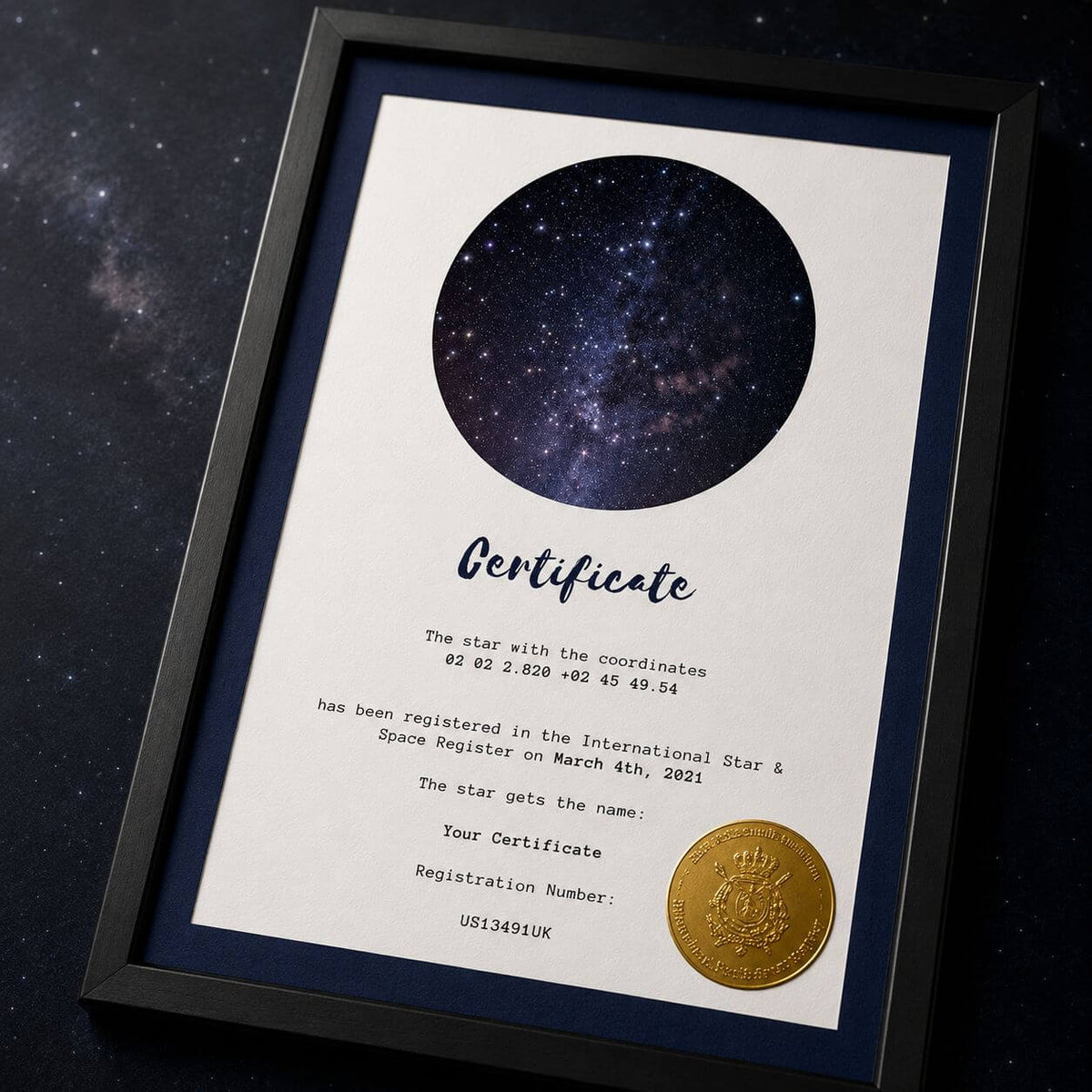 Blue adopt a star certificate with black frame and star coordinates