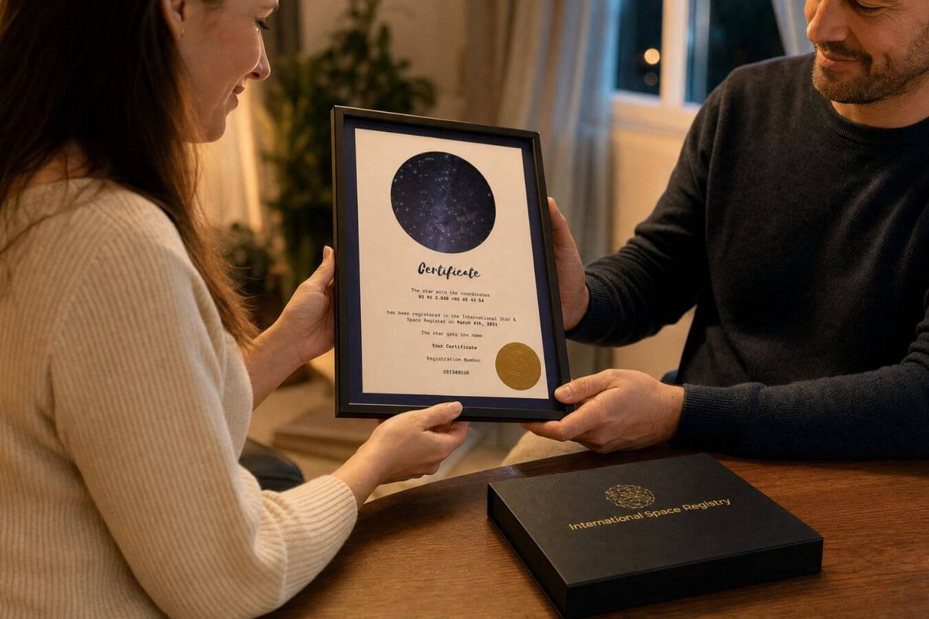 Person receiving a framed Star-Naming.com certificate as a personal star gift