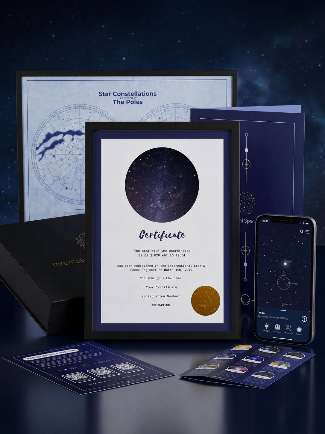 Adopt a star product composition with name a star certificate, universe star finder app, xxl star poster, gift box and gift folder