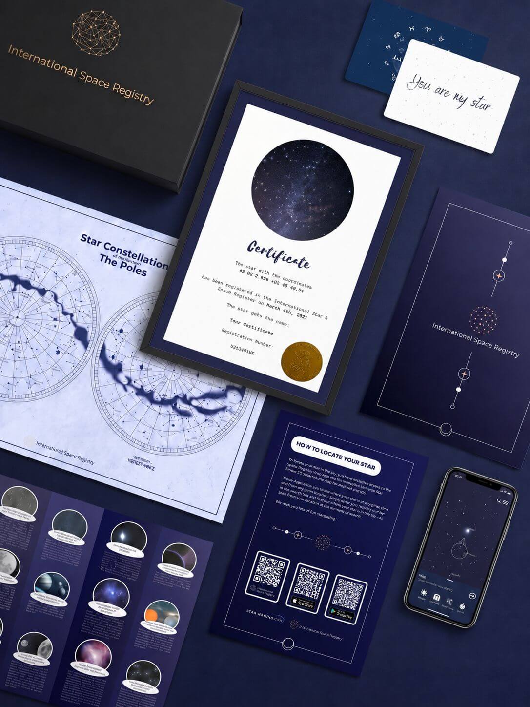 Adop a Star gift set Flat-Lay: Box, certificate, star map and Universe Star Finder App