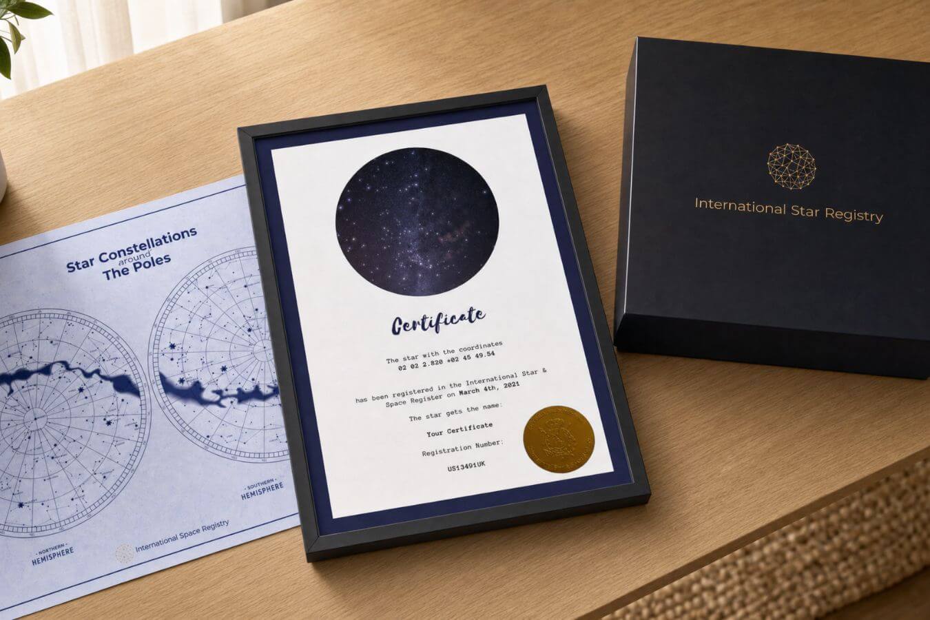 Star-Naming.com gift set with personalized certificate and star chart poster