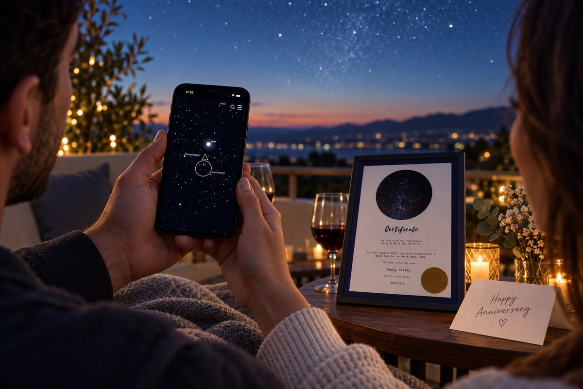 Couple using the Universe Star Finder App beside a framed Star-Naming certificate