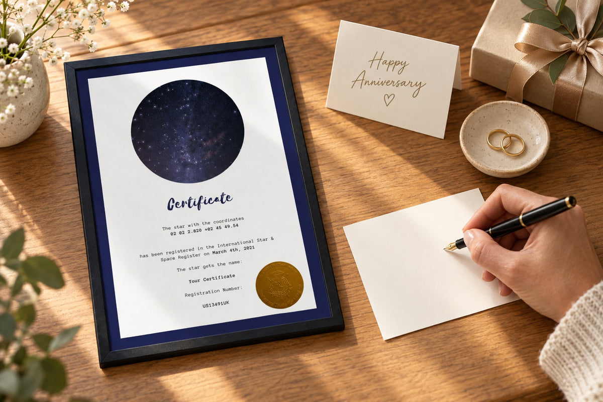 Star-Naming certificate beside an anniversary card, rings and wrapped gift