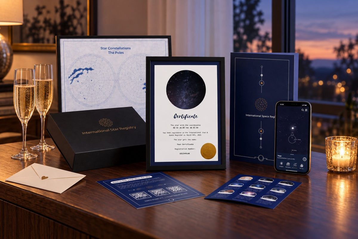 Complete Star-Naming anniversary gift set with certificate, constellation poster and app