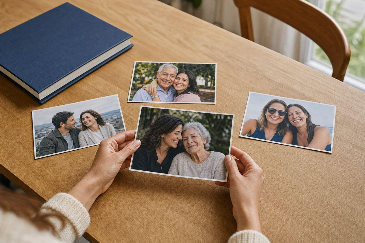 Woman choosing a family photograph to decide who to honor with a named star