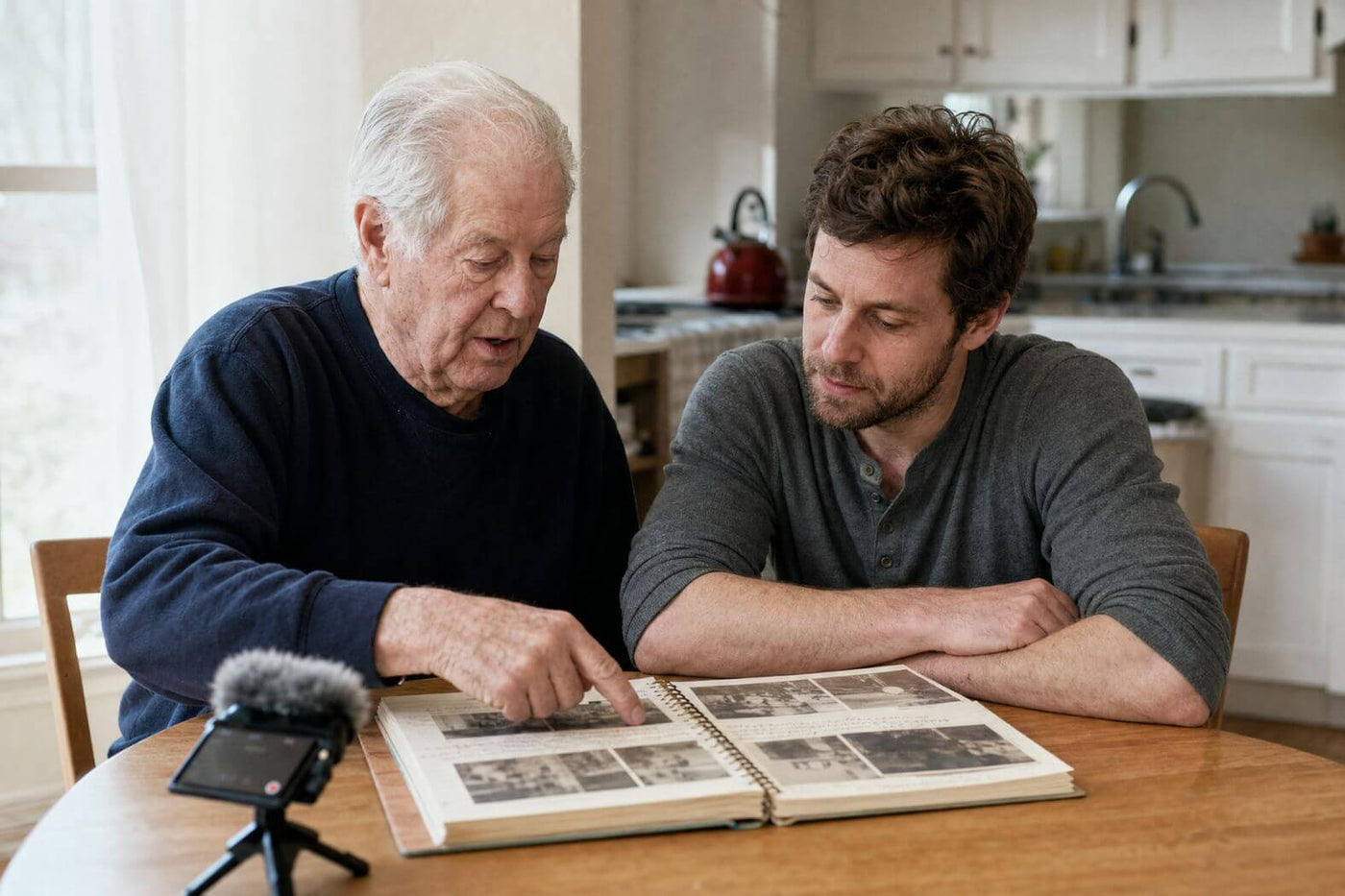 Grandfather and adult grandson looking through a family photo album and recording family stories