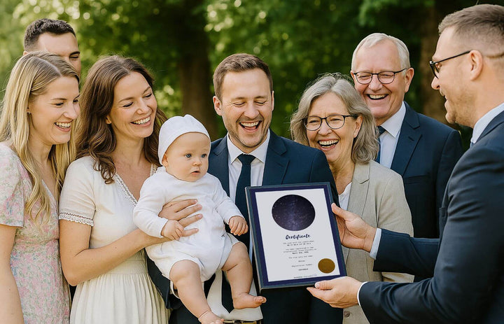 Baptism gift inspiration: a family with a baby and a framed star certificate