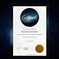 Digital name a star certificate with star coordinates, dedication and registry number