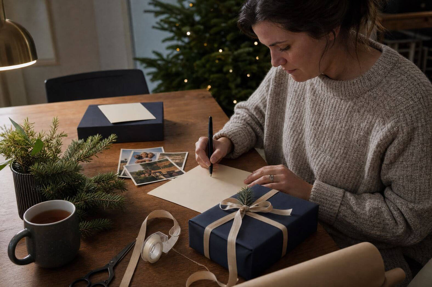 Woman preparing a thoughtful last-minute Christmas gift with photographs and a handwritten card