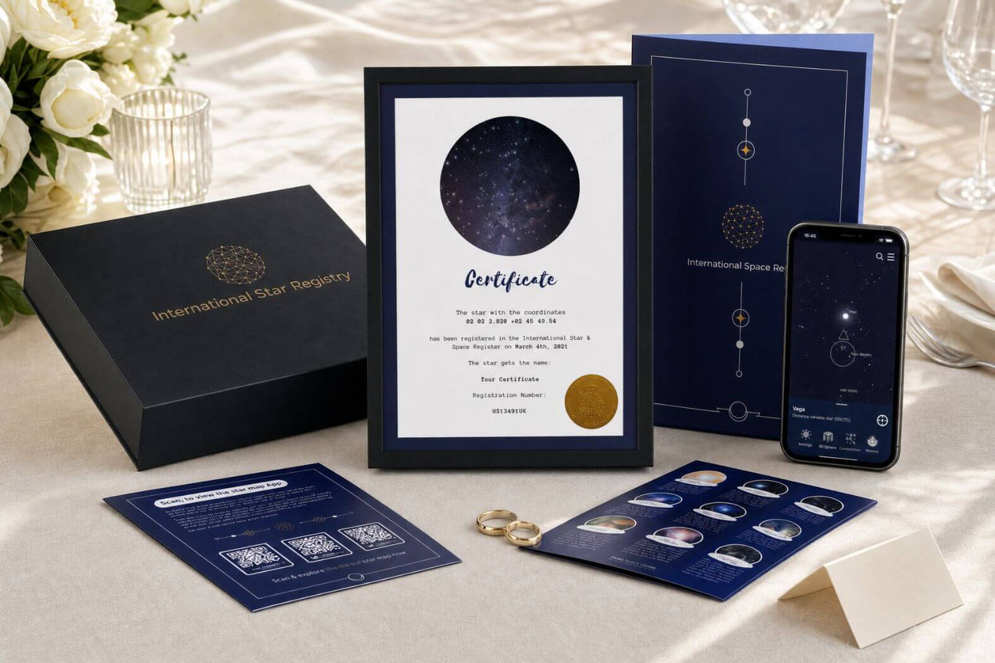 Complete Star-Naming wedding gift set with certificate, star chart, magnetic gift box and wedding rings