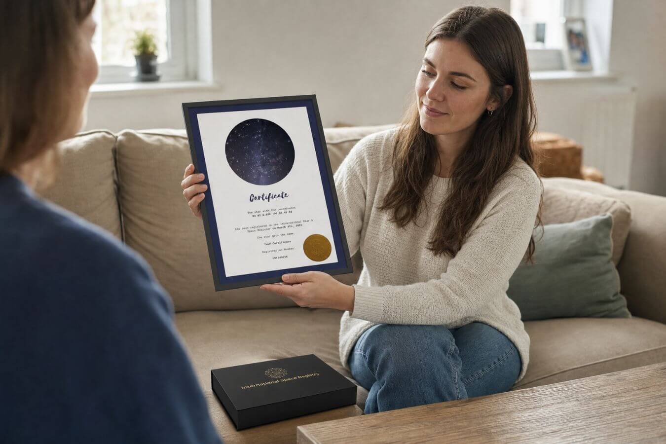Woman presenting star dedication certificate to her mother